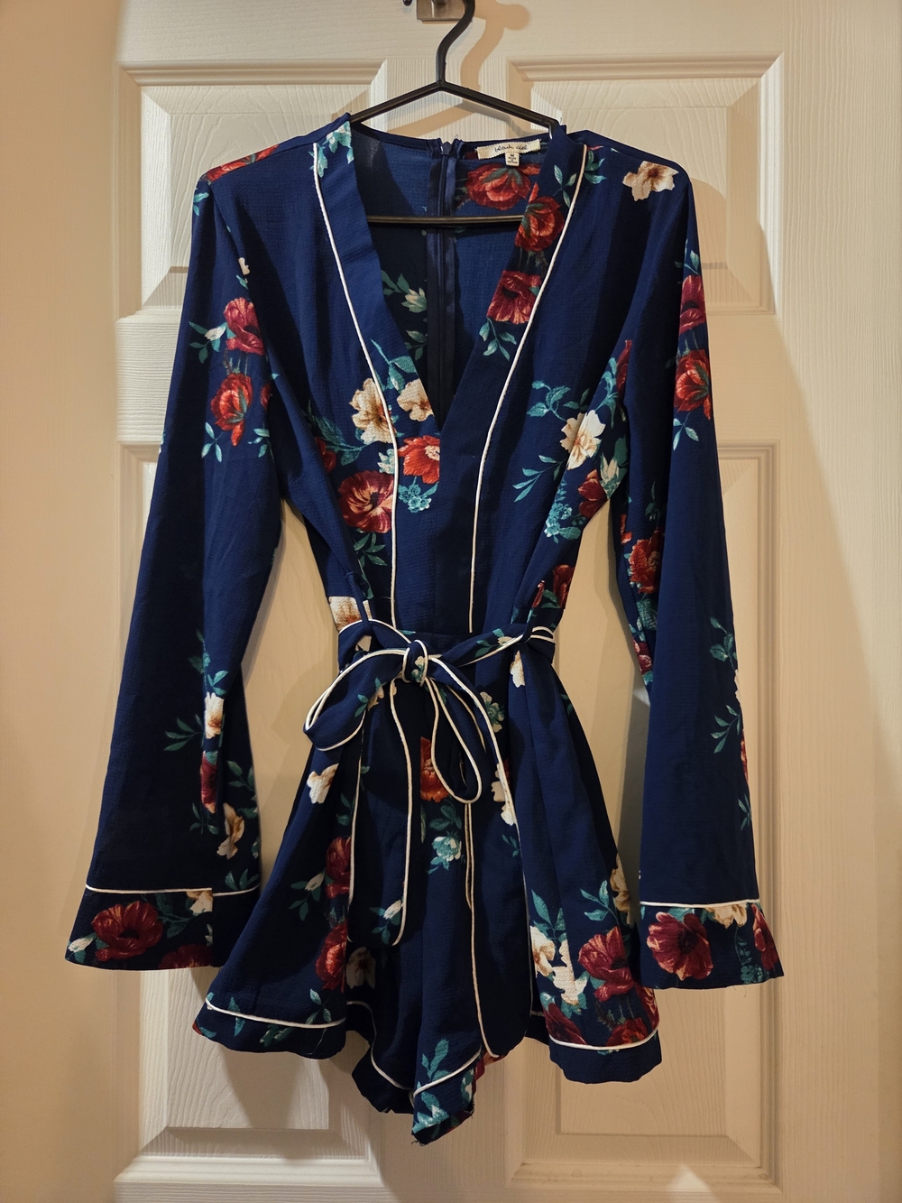 bleuh ciel Navy Floral Wrap Romper with Cream Piping